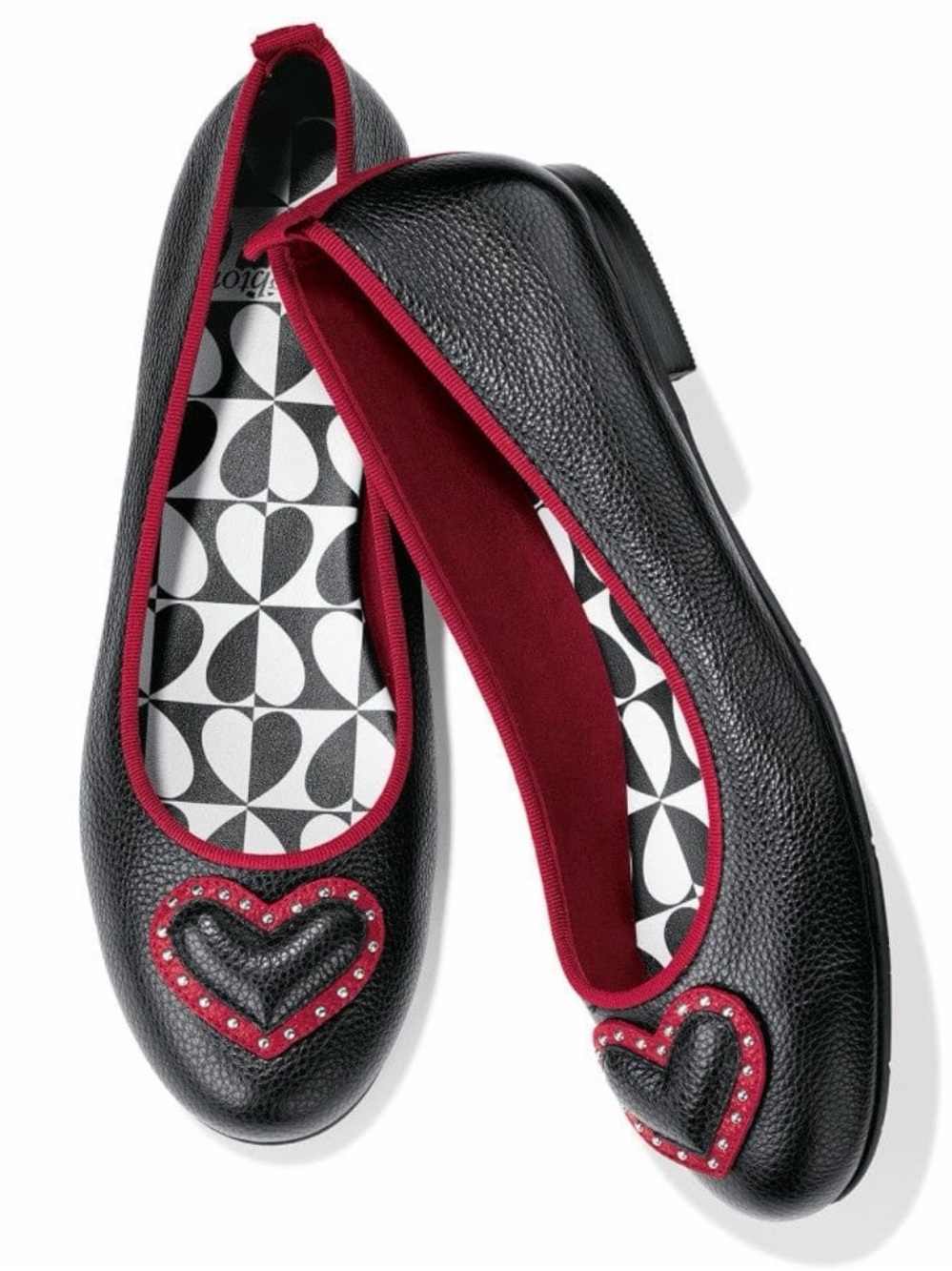 Brigbton Women's Black Pebbled Ballet Flats with Red Heart Trim